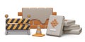 Brick plastered wall, portable barrier, signal cone, stack of paper bags with cement Royalty Free Stock Photo