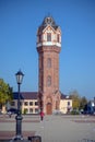 A brick restored water tower in the Art Nouveau architectural style of Staraya Russa, Novgorod region. Industrial architecture of