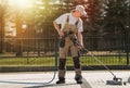 Brick Road Cleaning by Pro Royalty Free Stock Photo