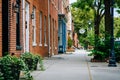 Brick rowhouses and sidewalk on Bond Street in Fells Point, Baltimore, Maryland Royalty Free Stock Photo