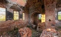 The brick ruins of the interior of an abandoned temple