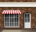 Brick small 3d store or boutique front facade. Exterior boutique shop with big window. Blank mockup of stylish realistic