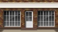Brick small 3d store or boutique front facade. Exterior empty boutique shop with big window. Blank mockup of stylish