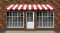 Brick small 3d store front facade Template with awning. Exterior empty shop or boutique with big window. Blank mockup of