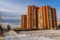 The brick Soviet building made in late constructivist architecture style in Ulan-Ude.