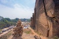 Brick stacking built to worship to the Mingun pagoda with tourist background below