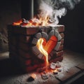 A brick stoves fiery heart produces flames and a smoky ash. ai generative