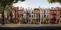 Brick townhouses with balconies. Residential architecture exterior