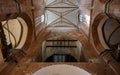 Brick vault with arches and pillars inside the St. Georgen Church in the old town of Wismar, famous tourist attraction