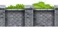 Brick vector fence seamless border, gray stone garden barrier, green leaf, bushes isolated on white.