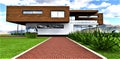 Brick walkway with white curb and bushes on the right side. Wonderful eco-friendly housing with the walls of the second floor Royalty Free Stock Photo