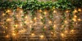 Brick wall adorned with ivy and warm string lights creating a cozy ambiance. Generative AI Royalty Free Stock Photo