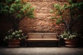 Brick wall backdrop frames a lush bench, an inviting resting spot