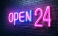A brick wall is the backdrop for a 24-hour neon sign in this 3D rendering Royalty Free Stock Photo