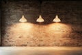 The Brick wall background, concrete floor and lamps is a 3d render of a product presentation Royalty Free Stock Photo