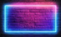 A brick wall background is illuminated by a shining neon light frame, a product of 3D rendering Royalty Free Stock Photo