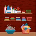 Brick wall background of wooden shelves and elements of cleaning items laundry Royalty Free Stock Photo