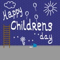 Children painted white brick wall. Vector illustration on the theme of childrens day on the first of June