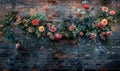 Brick wall with colorful graffiti and flowers. Grunge background Royalty Free Stock Photo