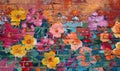 Brick wall with colorful graffiti and flowers. Grunge background Royalty Free Stock Photo