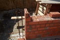 Brick wall construction in progress at a building site during daylight hours Royalty Free Stock Photo