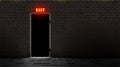 Brick wall and door with neon exit lamp, dark background. Realistic light silhouette slit doorway. Abstract room with text Royalty Free Stock Photo