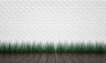 Brick wall and green grass on wood floor background. 3d render Royalty Free Stock Photo