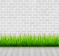 Brick wall with green grass and wooden floor vector background Royalty Free Stock Photo