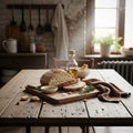 A brick wall with hanging kitchen utensils and a window with potted Royalty Free Stock Photo