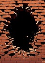 Brick wall with hole in it. Cracked, demolished, broken wall. Add text, logo or design. Copy space. Empty black background. Ai Royalty Free Stock Photo