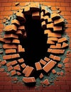 Brick wall with hole in it. Cracked, demolished, broken wall. Add text, logo or design. Copy space. Empty black background. Ai Royalty Free Stock Photo