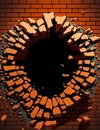 Brick wall with hole in it. Cracked, demolished, broken wall. Add text, logo or design. Copy space. Empty black background. Ai Royalty Free Stock Photo