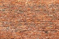 Brick wall made of old crumbling red bricks