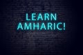 Brick wall and neon sign with inscription. Concept of learning amharic Royalty Free Stock Photo