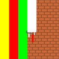 Brick wall is painted colored stripes. Paint roller with drops of paint. Place for text, slogan, quote and advertisement.