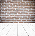 Brick wall and perspective white wood background,product display Royalty Free Stock Photo