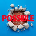 Brick wall with 'possible' in red, breaking through on blue. Royalty Free Stock Photo