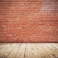 Brick wall room and wood floor background and texture with copy space Royalty Free Stock Photo