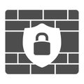 Brick wall and security emblem with lock solid icon, web security concept, Brandmauer access rules sign on white Royalty Free Stock Photo