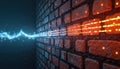 Brick wall shows digital stream with orange data ending, blue data starting. Structure represents cyber safety firewall security Royalty Free Stock Photo