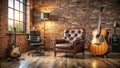 Brick Wall Studio Leather Chair, Guitars, Wood Floor Royalty Free Stock Photo