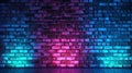 Brick wall textured with blue and purple neon glow light, electric and grunge style dark futuristic brick wall background. Royalty Free Stock Photo