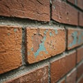 Brick wall with textured red-brown bricks and visible wear. Blue paint chips are Royalty Free Stock Photo