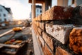 Brick wall under construction at sunset with blurred background of building site Royalty Free Stock Photo