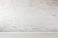 brick wall white color and wooden plank floor for background or texture Royalty Free Stock Photo