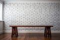 brick wall white color and wooden plank floor and bench for background or texture Royalty Free Stock Photo