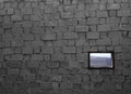 Unfinished brick wall with a window, with a rustic landscape Royalty Free Stock Photo