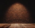 Brick wall and wooden floor, with light spot on centre for background Royalty Free Stock Photo