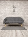 Brick wall and wooden floor with a sofa in the middle