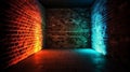 Brick walls and neon light background. Brick walls neon rays and glow.